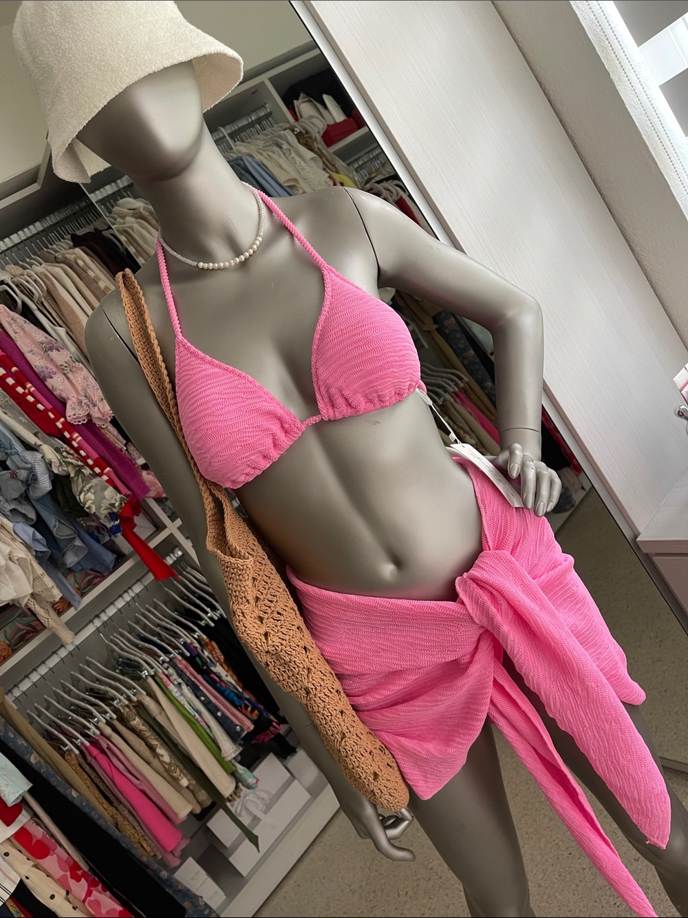 Pink Textured Triangle Bikini Set with Matching Sarong